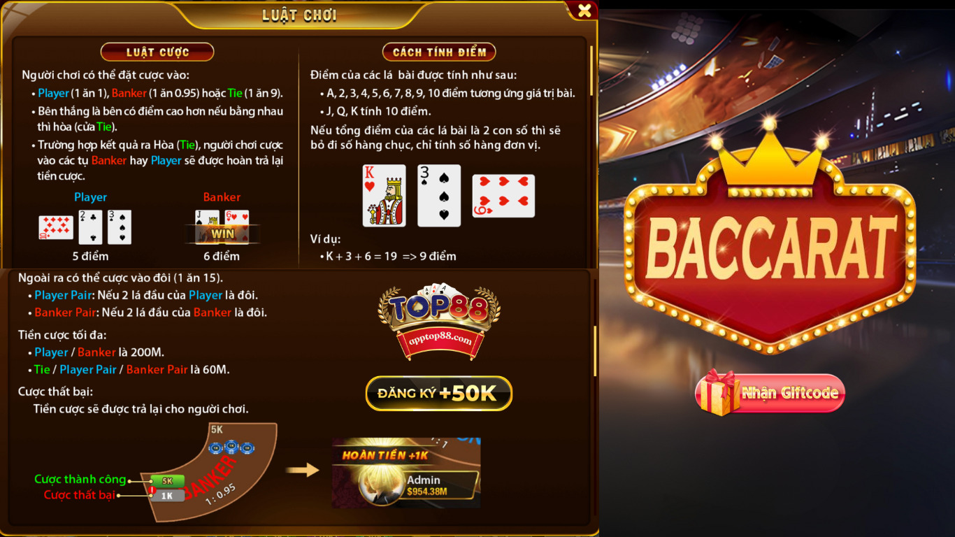 Luật chơi Baccarat trực tuyến top88