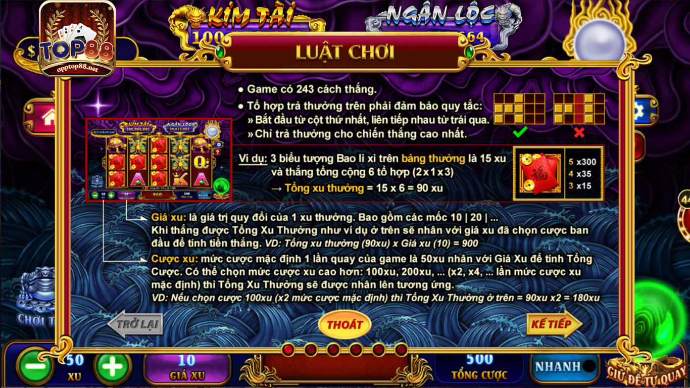 Cách tính tiền thắng cược của Slot game kho tàng ngũ long Top88